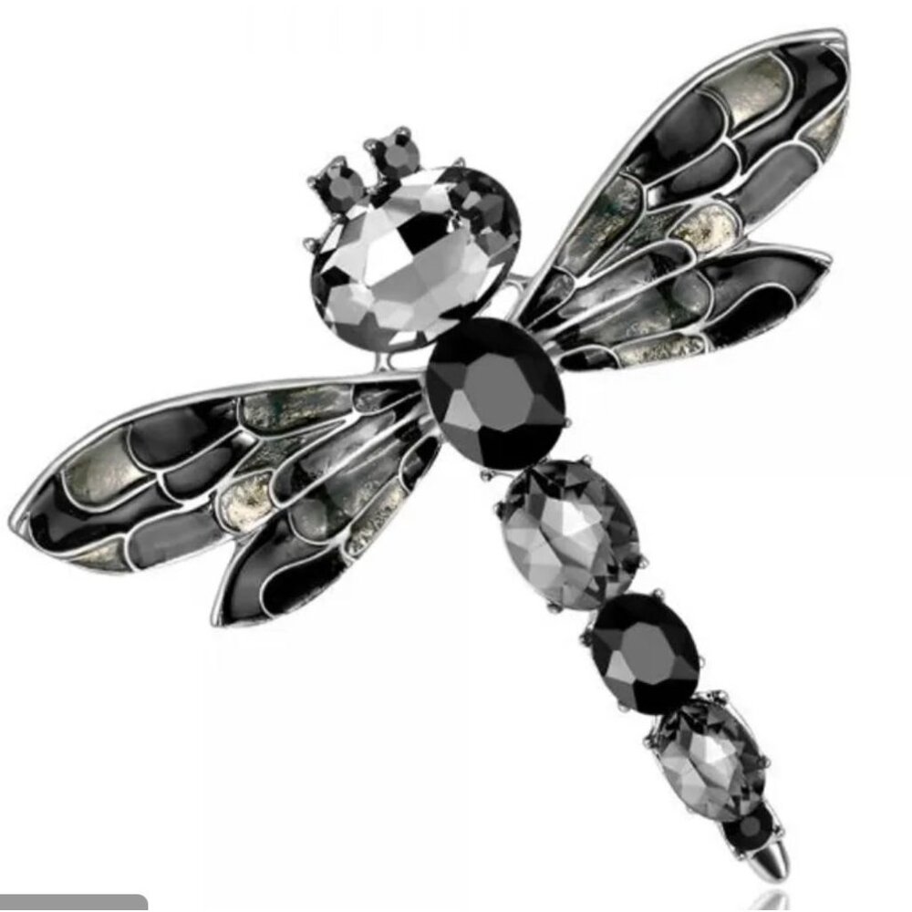 Elegant Black & Silver Crystal Dragonfly Brooch Pin
